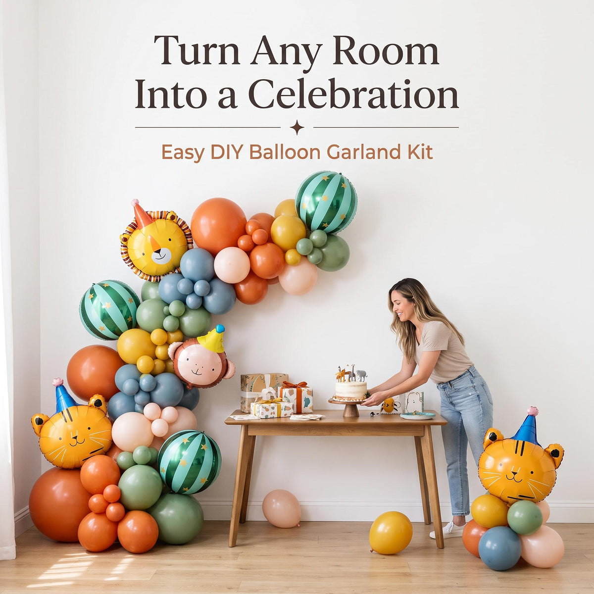 Boho Party Animals balloon garland party setup