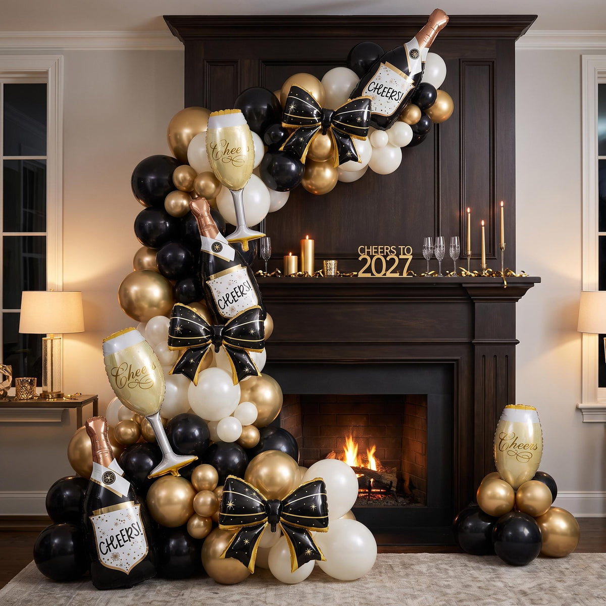 Cheers To 2027 balloon garland installed on a wall at home