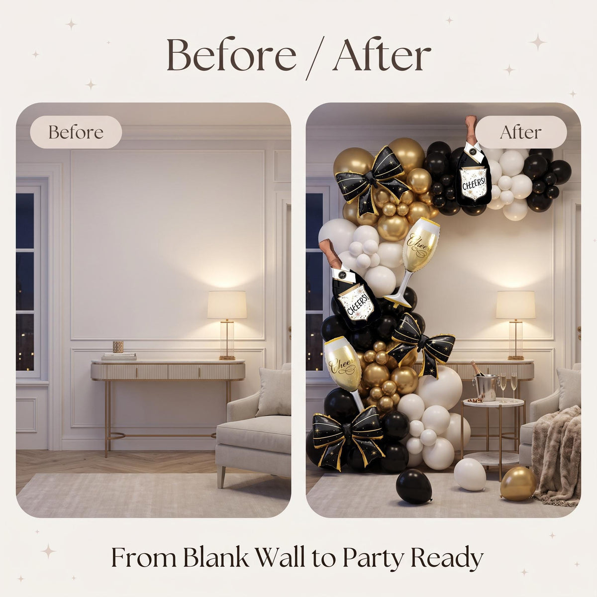 Before and after: a blank wall and the same wall with the Cheers To 2027 balloon garland