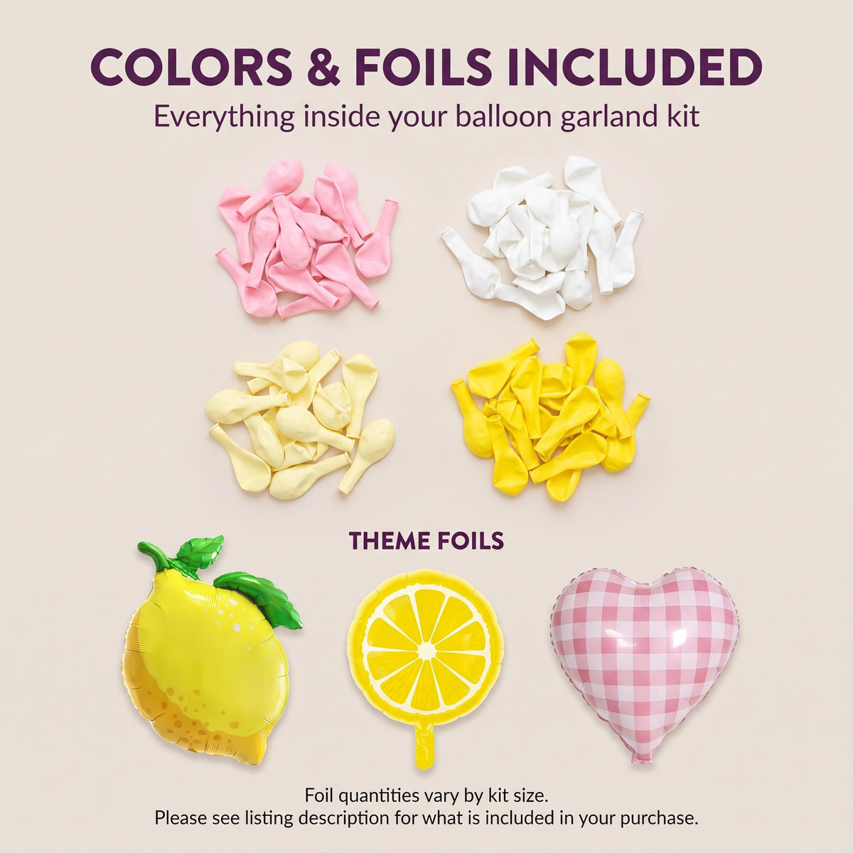 Latex colors and foil balloons included in the Freshly Squeezed balloon garland kit
