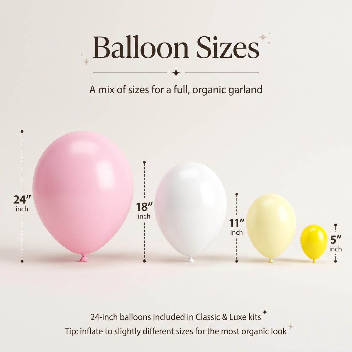24, 18, 11 and 5 inch balloons in the Freshly Squeezed kit colors