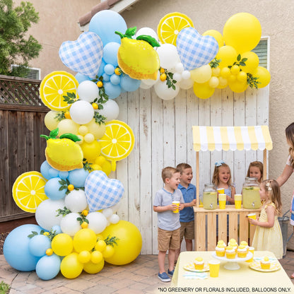 Freshly Squeezed (Blue) balloon garland styled at a party