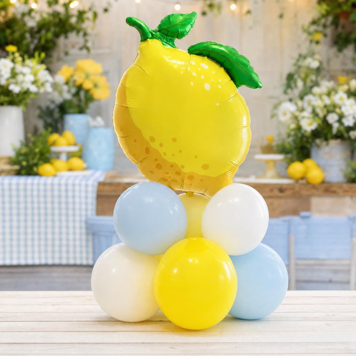 Freshly Squeezed (Blue) balloon tower: 8 latex balloons topped with a Full Lemon foil