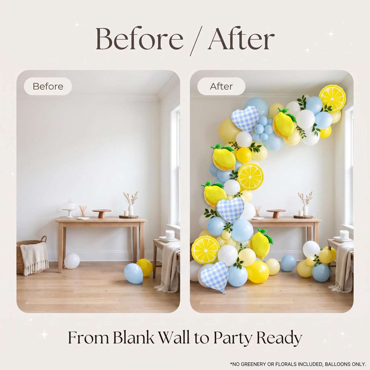 Before and after: a blank wall and the same wall with the Freshly Squeezed (Blue) balloon garland
