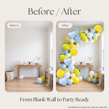 Before and after: a blank wall and the same wall with the Freshly Squeezed (Blue) balloon garland