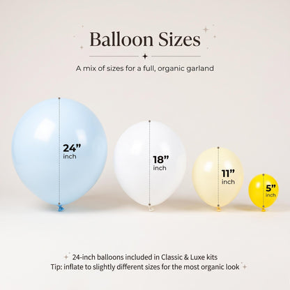 24, 18, 11 and 5 inch balloons in the Freshly Squeezed (Blue) kit colors