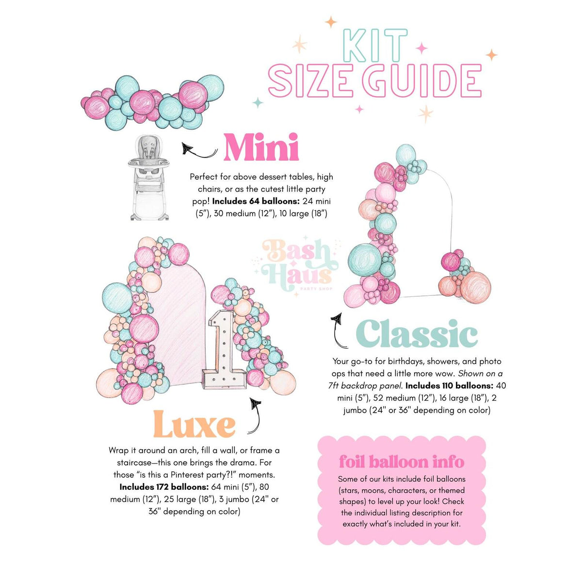 Balloon garland kit size guide: Mini 6 ft, Classic 10 ft and Luxe 16 ft