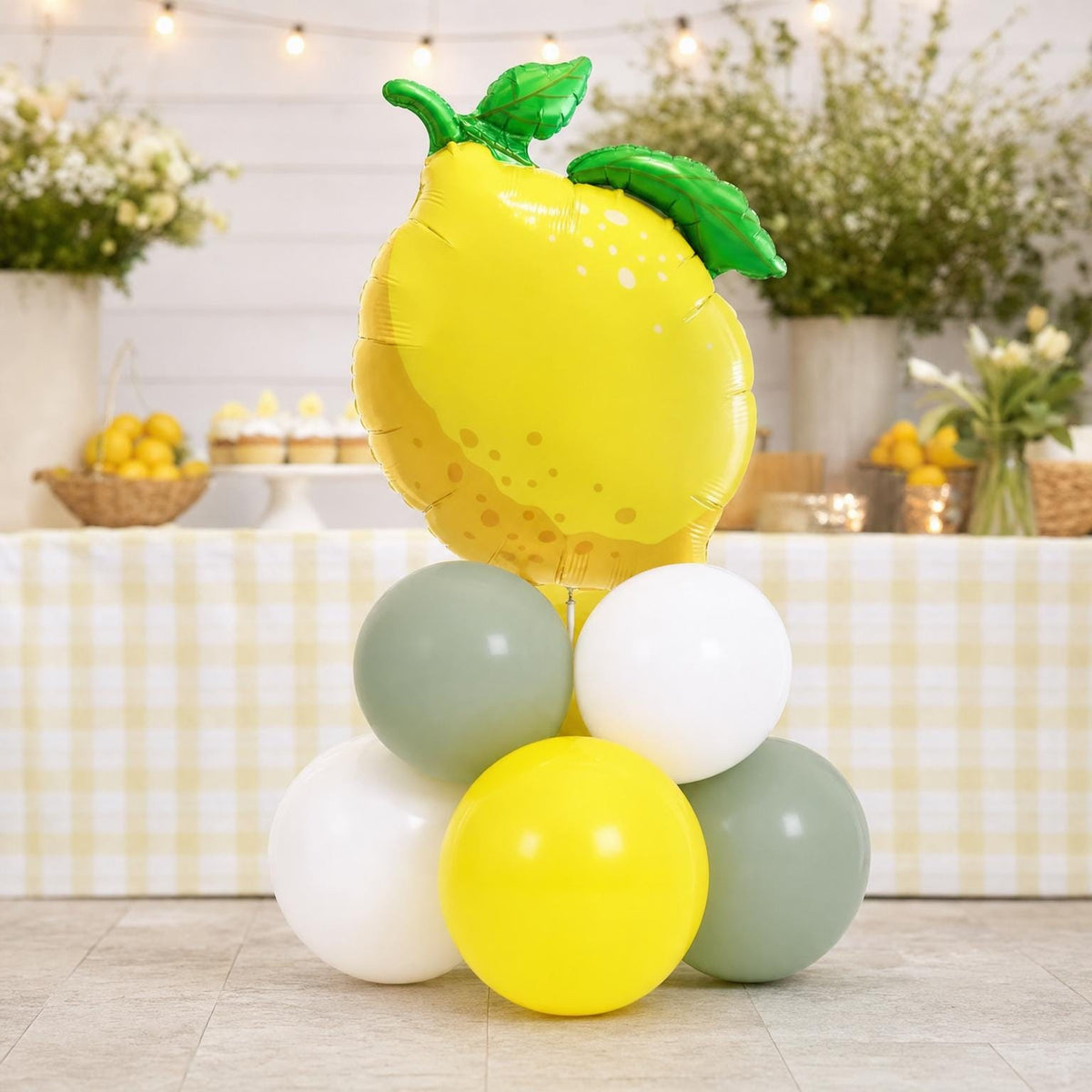 Freshly Squeezed (Eucalyptus) balloon tower: 8 latex balloons topped with a Full Lemon foil