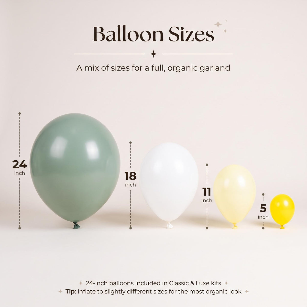 24, 18, 11 and 5 inch balloons in the Freshly Squeezed (Eucalyptus) kit colors